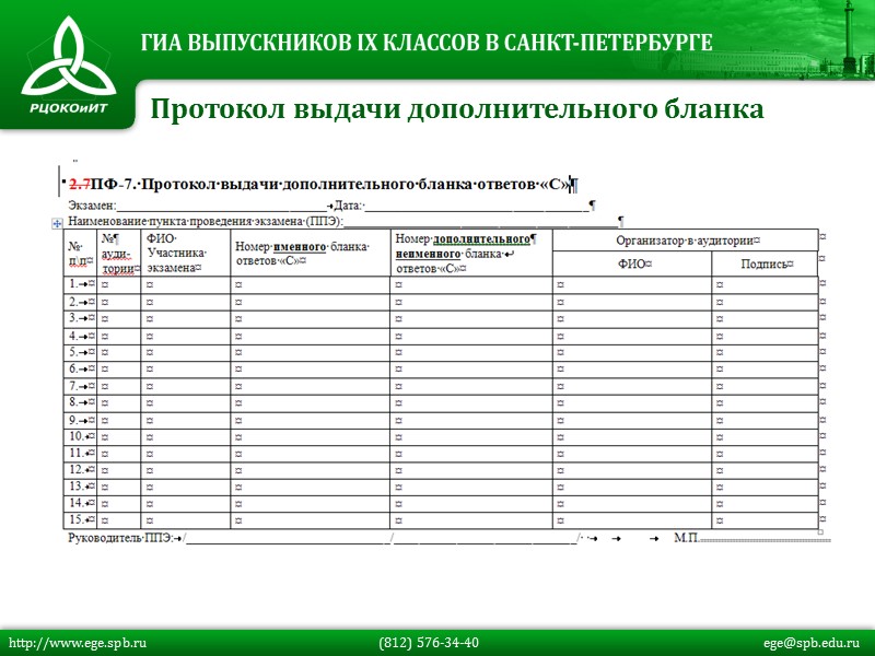 Протокол выдачи дополнительного бланка http://www.ege.spb.ru         (812)